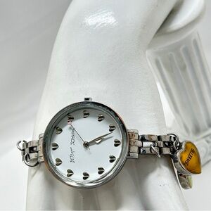 Betsey Johnson, Silver Bracelet Watch With Heart Charms, Working Order